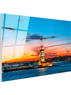 Tablofest Tamperli Gerçek Cam Tablo Kız Kulesi Turuncu Gün Batımı Şehir Mimari Tablo Duvar Dekoru