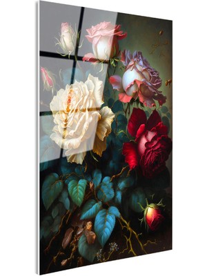 Tablofest Tamperli Gerçek Cam Tablo Klasik Yağlı Boya Görünümlü Güller Çiçek Tablosu Duvar Dekoru