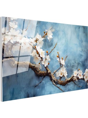 Tablofest Tamperli Gerçek Cam Tablo Yağlı Boya Dokulu Kiraz Çiçeği Çiçek Tablosu Duvar Dekoru