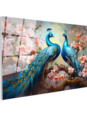 Tablofest Tamperli Gerçek Cam Tablo Çiçekli Dalda Tavus Kuşları Tavus Kuşu Tablosu Duvar Dekoru