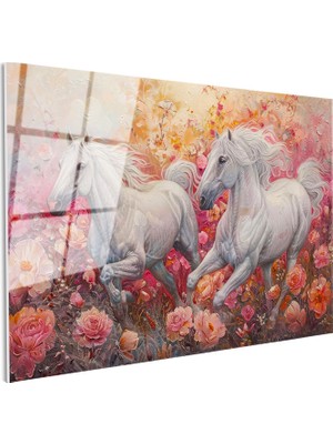 Tablofest Tamperli Gerçek Cam Tablo Pembe Çiçekli Doğa ve Atlar At Tablosu Duvar Dekoru