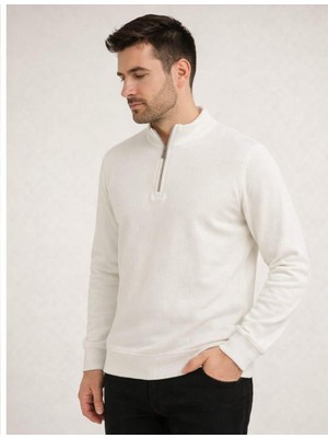 Yarım Fermuarlı Beyaz Basic Sweatshirt