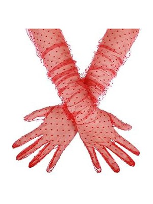 Nexgen Uzun Boy Kırmızı Puantiyeli Kırmızı Renk Yetişkin Tül Eldiven 55 cm (4887) RSGO34-MCHD