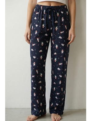 elemge %100 Pamuk Süprem Kadın Lacivert Pijama Altı Kardan Adam Baskılı İnce Rahat Kalıp Boru Paça Cepsiz