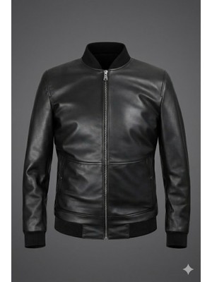 VERRA %100 Hakiki Deri Siyah Erkek Bomber Mont - Premium Kalite Kolej Yaka Ceket