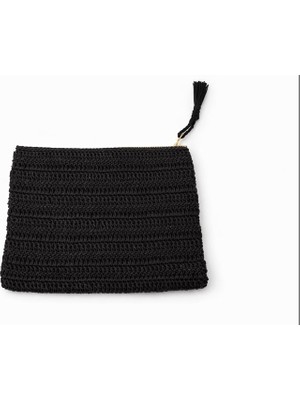 Chellomood - El Örgüsü Kağıt Ip Kadın Clutch / El Çantası – Siyah (Fermuarlı, 29×21 Cm)