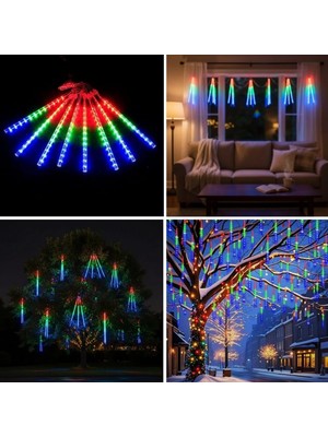 Marsilyan 10&amp;apos;lu 45 cm Uzunluğunda Plastik Meteor 2m Kablo LED USB Rgb Ağaç Işığı – Renk Değiştiren Asmalı Dekoratif Bahçe ve Dış Mekan Aydınlatması (4887)