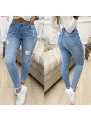 Nidam Butik Kadın Yüksek Bel Yırtık Desenli Skınny Kot Pantolon