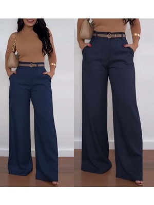 Tua Moda Kadın Yüksek Bel Geniş Paça Detaylı Cepli Ithal Krep Pantolon