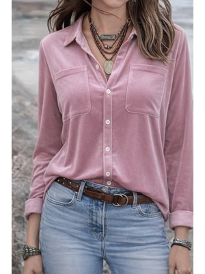 Ahes Shopping Kadın Uzun Kollu Yakalı Önden Düğmeli Cep Detaylı Kadife Gömlek