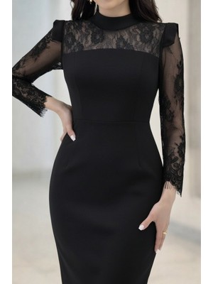 Tua Moda Kadın Uzun Kollu Balıkçı Yaka Dantel Detaylı Midi Ithal Krep Elbise