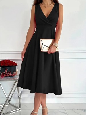 Marsilyan- Kadın Ithal Krep Kumaş Kruvaze Yaka Eteği Kloş Kolsuz Mini Elbise