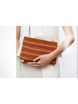 Chellomood El Örgüsü Kağıt Ip Kadın Clutch / El Çantası – Taba & Bej (29×18 Cm)