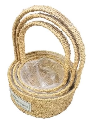 No 35 Moda Yuvarlak Doğal Hasır Sepet Seti - 3'lü