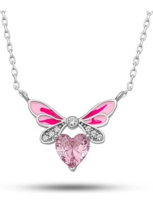 Norino Gümüş Pembe Kalp Peri Kanatlı Kolye