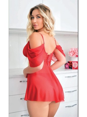 Will Like Sarı Kuşak Detaylı Fantezi Kırmızı Gecelik