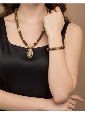 Doğal Taş Kaplan Gözü Kolye-Bileklik Set