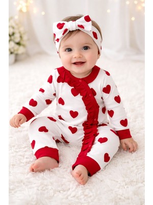 Aki Moda Kids Kırmızı Kalp Desenli Uzun Kollu Kız Bebek Tulum Bandanalı