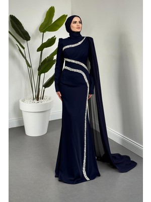 Merven Akyüz  Bellavie Taş Geçişli Pelerinli Abiye Lacivert