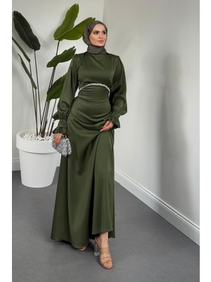 Merven Akyüz Silvana Beli Taşlı Arkası Büzgülü Abiye Haki