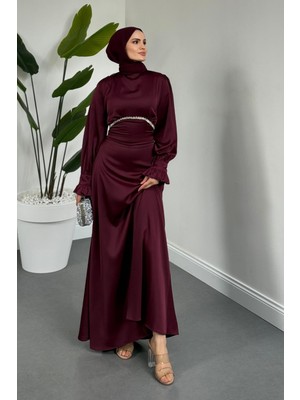 Merven Akyüz Silvana Beli Taşlı Arkası Büzgülü Abiye Mürdüm