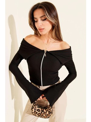 bebekokusu Omzu Açık Fermuarlı Bluz Siyah T4330