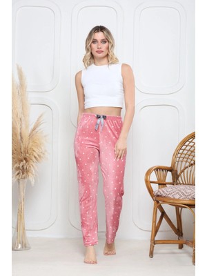 bebekokusu Kadife Pijama Altı Pembe Üstüne Beyaz Kalpli Pontiye Desenli Q7013