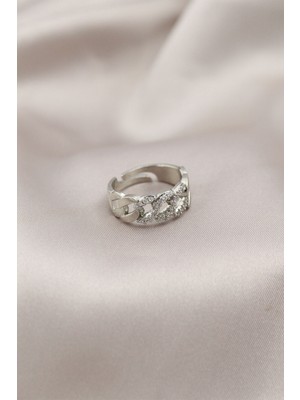 Gümüş Renk Metal Zincir Model Taşlı Kadın Yüzük - Lisinya