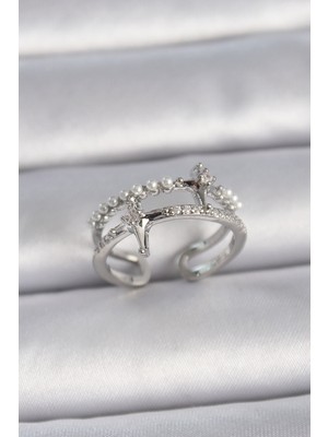 Pirinç Gümüş Renk Ayarlanabilir Zirkon Taşlı Kutup Yıldız Inci Detay Kadın Yüzük - Lisinya