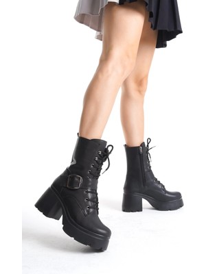 bebekokusu Linma Siyah Cilt Bağcıklı Topuklu Bot