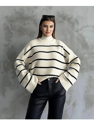 bebekokusu Çizgili Ispanyol Kol Triko Boğazlı Kazak Beyaz Elf