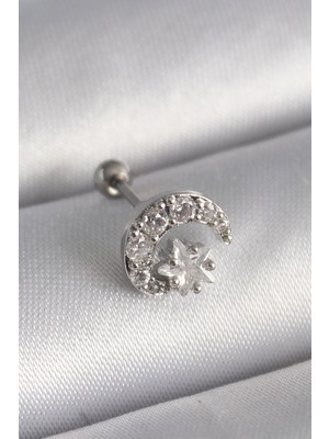 316L Çelik Gümüş Renk Zirkon Taşlı Ay Yıldız Tragus Piercing - Lisinya