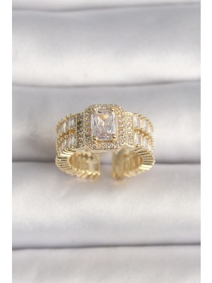 Pirinç Gold Renk Ayarlanabilir Baget Zirkon Taş Model Kadın Yüzük - Lisinya
