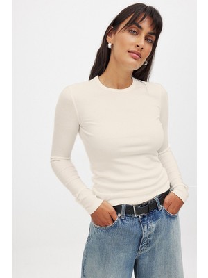 CHEISU Kadın Ekru Uzun Kollu Bisiklet Yaka T-Shirt Bluz Kaşkorse Fitilli