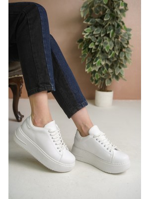 Craftique Beyaz Kadın Sneaker Spor Ayakkabı Kalın Yüksek Tabanlı Bağcıklı Hafif Günlük ve Şık Kullanım