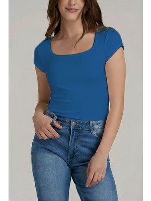Kadın Mavi Kısa Kol Kare Yaka T-Shirt Bluz Fitilli Kaşkorse
