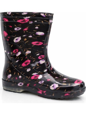 Fafatara Kadın Siyah Çiçekli Su Geçirmez Yağmur ve Bahçe Çizmesi – Kaymaz Tabanlı PVC Bot