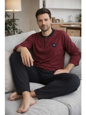 Tenra Erkek Pijama Takımı Yarım Düğmeli %100 Pamuk