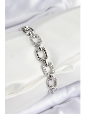 Pirinç Zirkon Taşlı Parçalı Zincir Model Gümüş Renk Kadın Bileklik - Lisinya