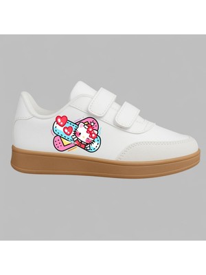 Lias Design Yara Bandı Haylocu Kedi Baskılı Beyaz Kauçuk Taban Görünümlü Çocuk Spor Ayakkabı Sneaker