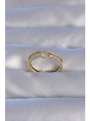 Pirinç Gold Renk Zirkon Taşlı Kalpli Su Yolu Model Ayarlanabilir Yüzük - Lisinya