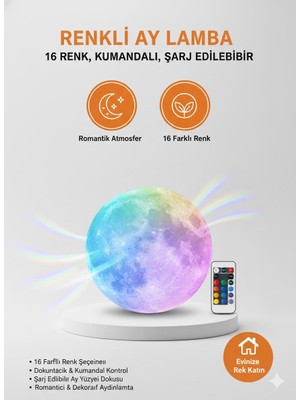 Eser Ticarett 16 Renkli Ay Lamba – Kumandalı ve Dokunmatik, Şarj Edilebilir Dekoratif LED Gece Lambası