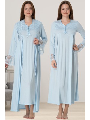 Effortt Mavi Sabahlıklı Hamile Lohusa Gecelik Takım