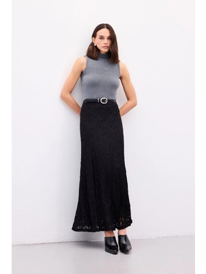 Sateen Dantelli Uzun Etek - Siyah