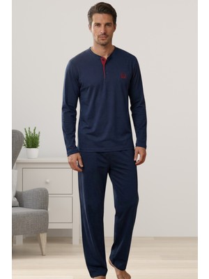 Effortt Lacivert %100 Pamuklu Kumaş Erkek Pijama Takımı