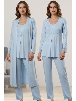 Effortt Mavi Sabahlıklı Hamile Lohusa Pijama Takımı