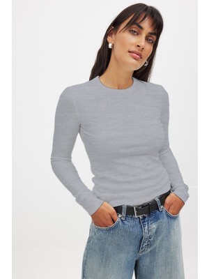 CHEISU Kadın Karmelanj Uzun Kollu Bisiklet Yaka T-Shirt Bluz Kaşkorse Fitilli