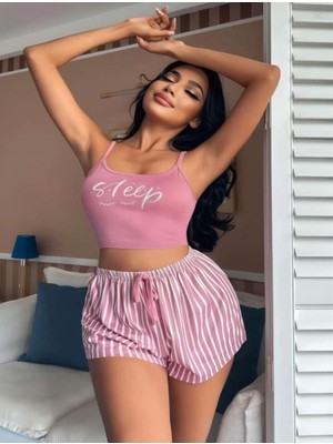 MyDora Lingerie Kadın Pembe Askılı Yazılı Şortlu Pijama Takımı
