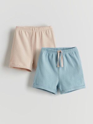 Lc Waikiki Yeni Sezon Erkek Bebek Şort 2'li Beli Lastikli Mavi Düz Organik Kumaş Özellikli