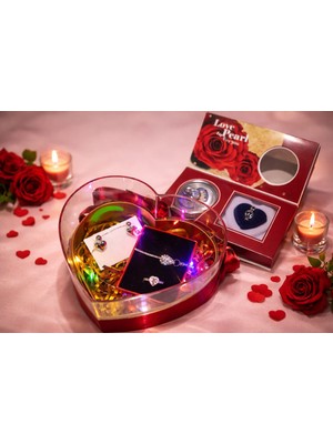 GezegenX Sevgiliye Hediye Seti, Ledli Kalpli Kutu Içinde Gerçek Incili Kolye, Bileklik, Ayarlanabilir Yüzük